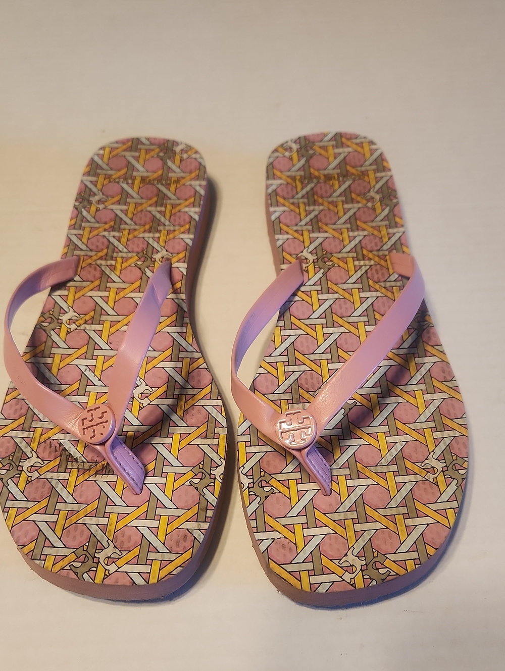 Tory Burch Pink and Purple Patterned Flip Flop Sandals